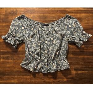 J Crew Women's XS Top Gathered Wide Scoop Neck Floral Cropped Blouse 100% Cotton